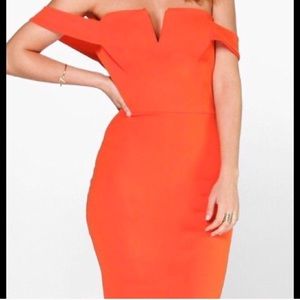 Boohoo Orange midi Off the Shoulder Dress